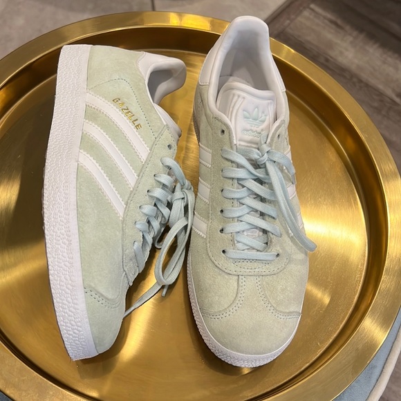adidas Shoes - Adidas Gazelle Mint Green Suede Gold Logo 3 Stripe Low Top Sneakers